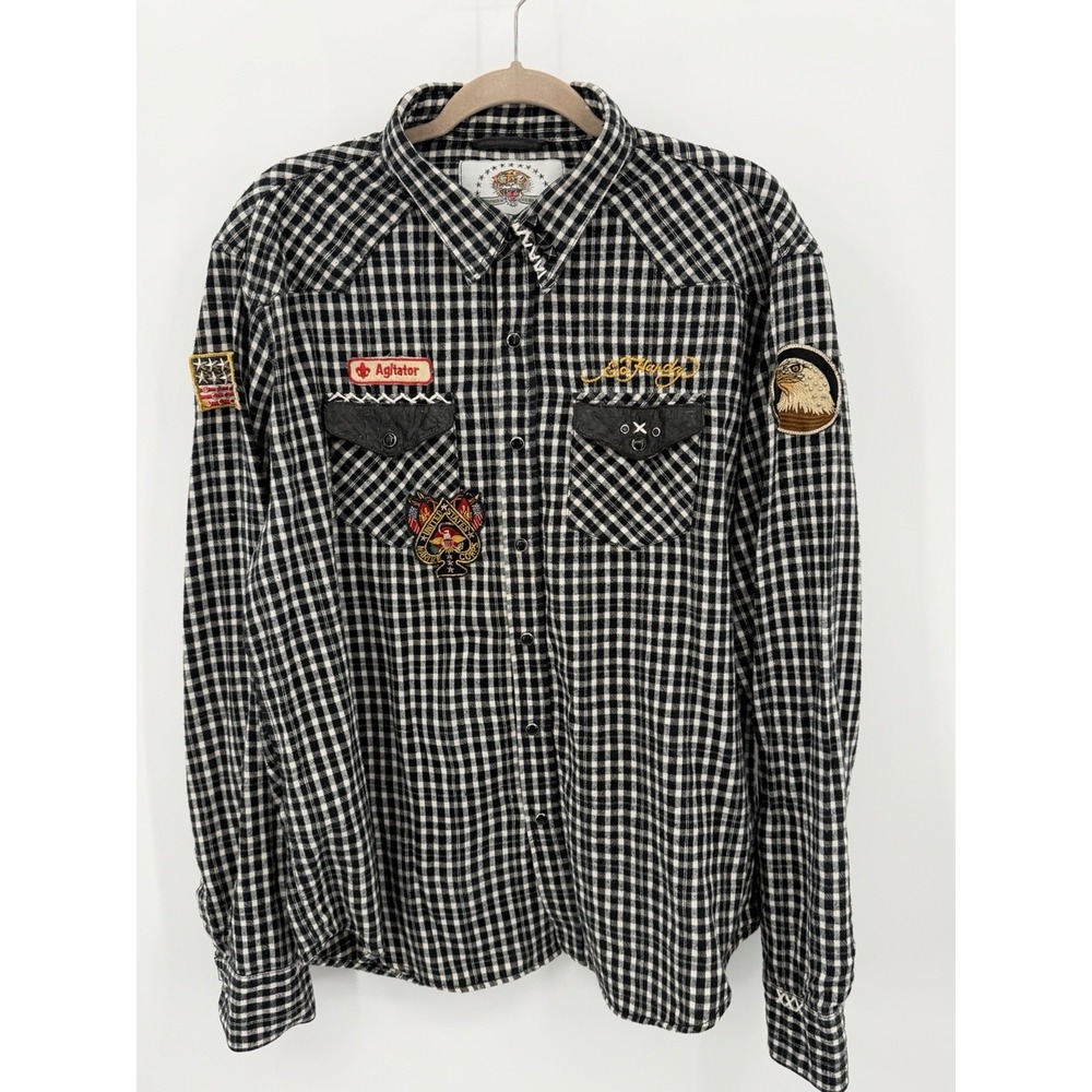 Ed Hardy Plaid Button Up Flannel Shirt Grunge Punk Men's Size‎ XL Y2K 2000's